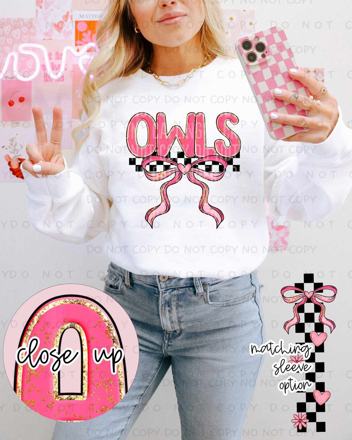 Owls pink and gold with bow (Caplinger) 80438 DTF transfer