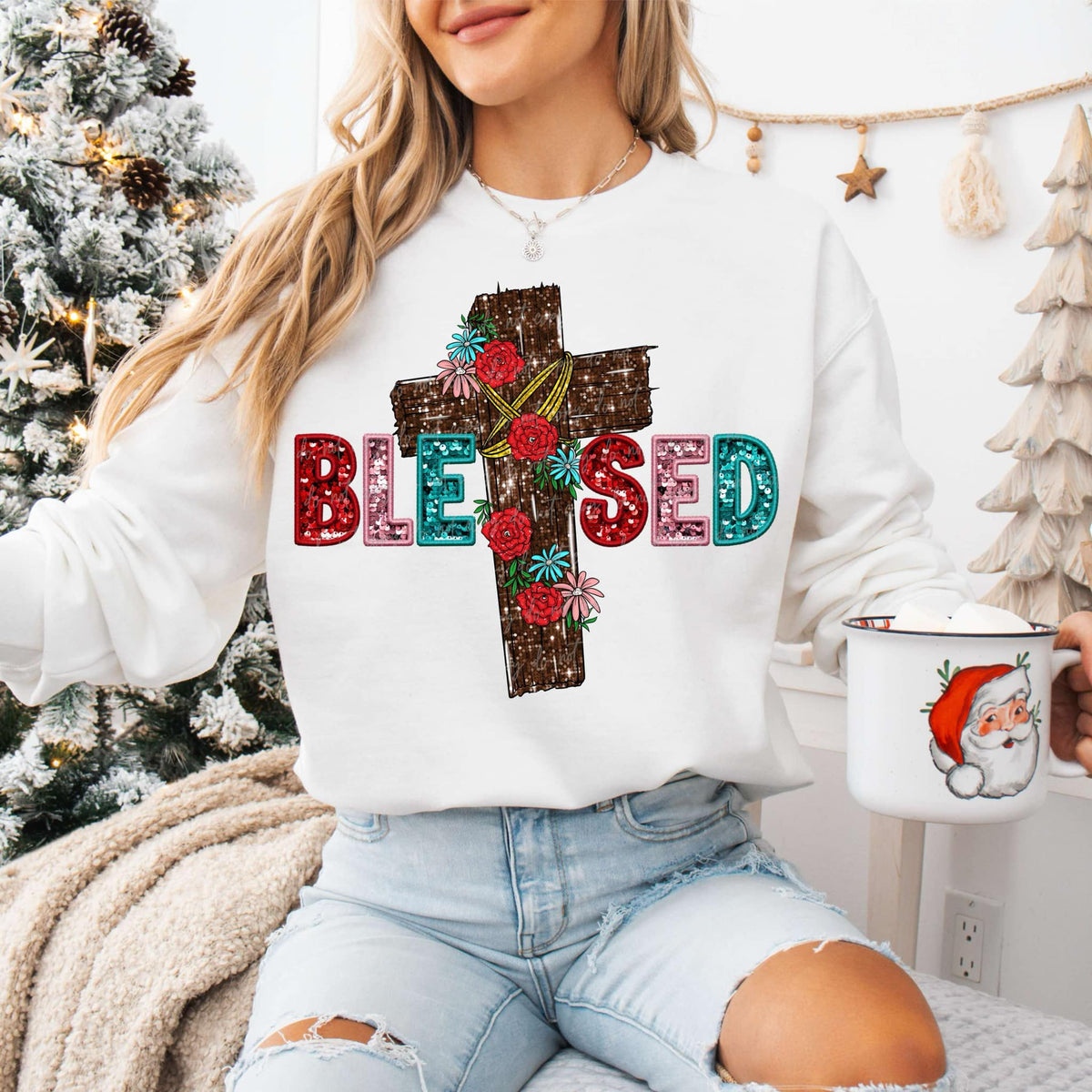 Blessed sequin font with cross (VIRGO) 67432 DTF transfer