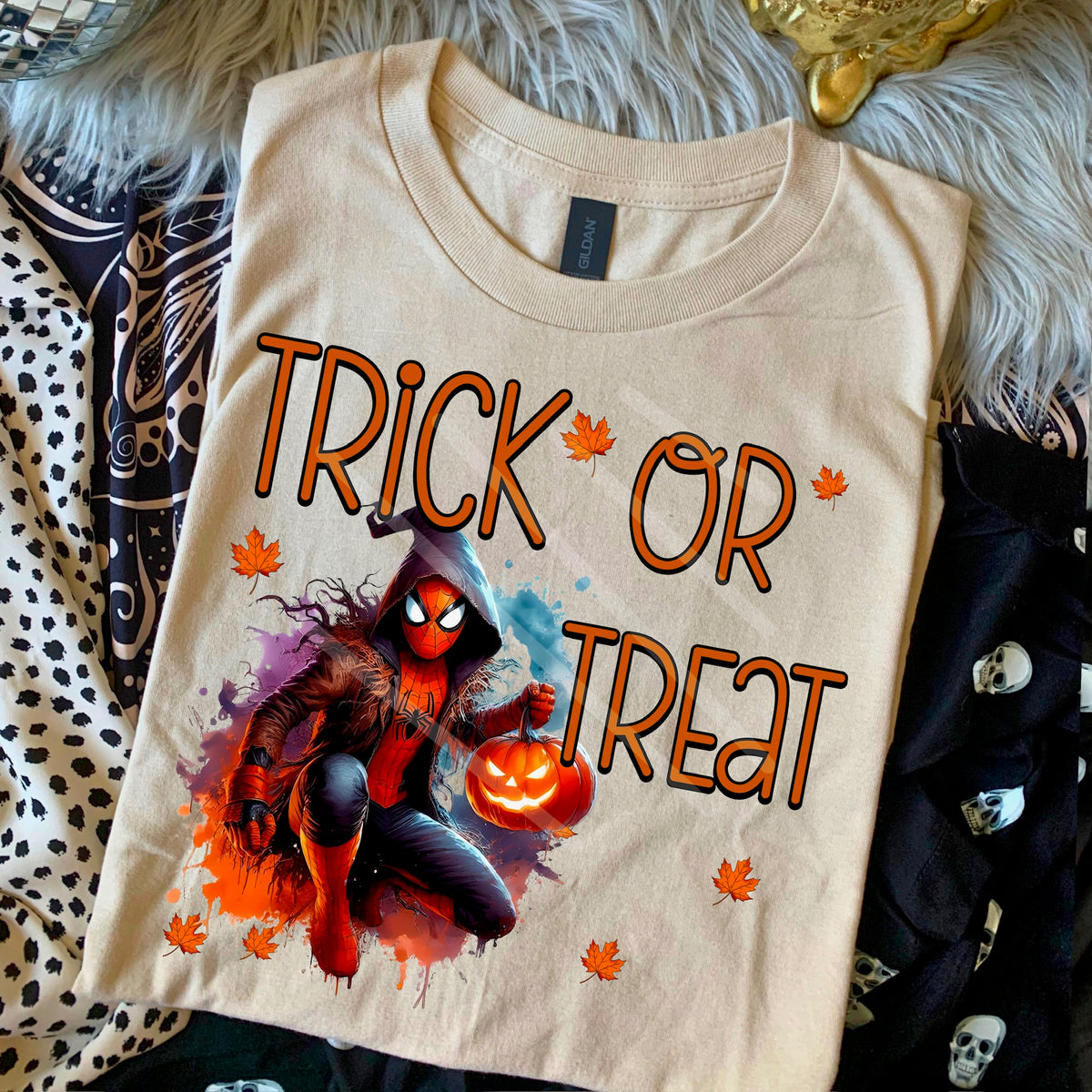 Trick or treat spider guy Green Please pink hat 110766 DTF transfer