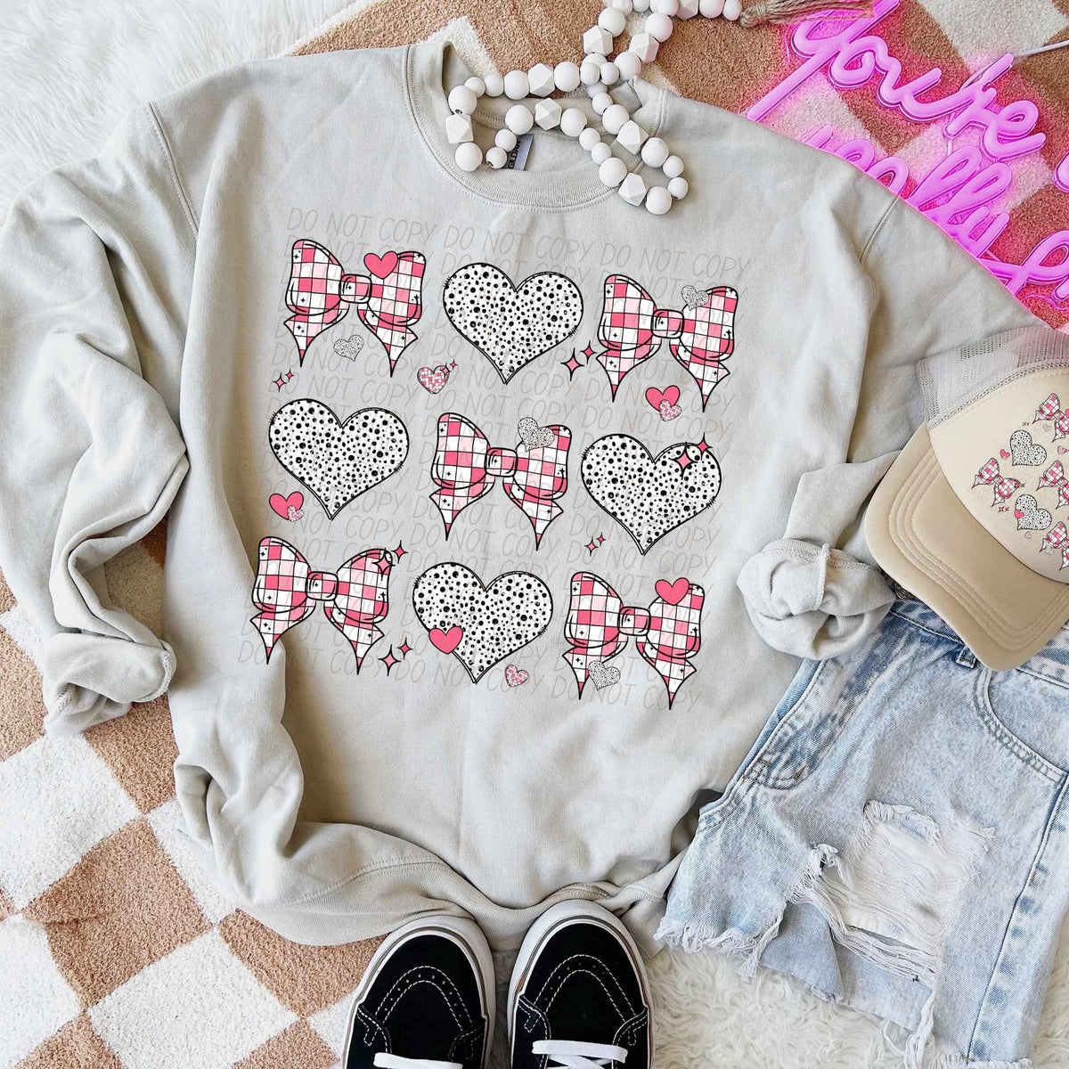 Checkered bow and heart collage (CITY) 75759 DTF transfer