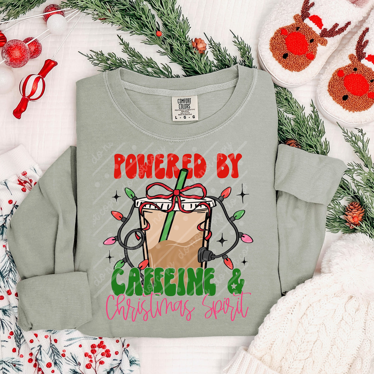 Powered by caffeine and Christmas (scarlow) DTF transfer