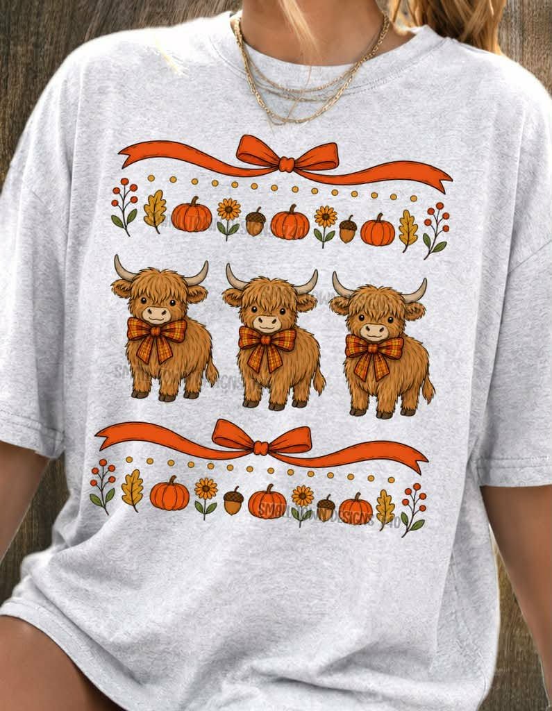 Vintage highland cows with pumpkin and floral bow border (STD) DTF Transfer