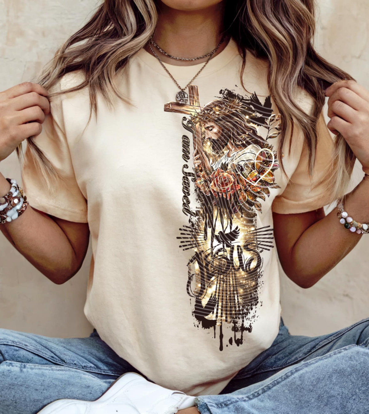 Jesus holding cross with flowers VERTICAL AG 90982 DTF transfer