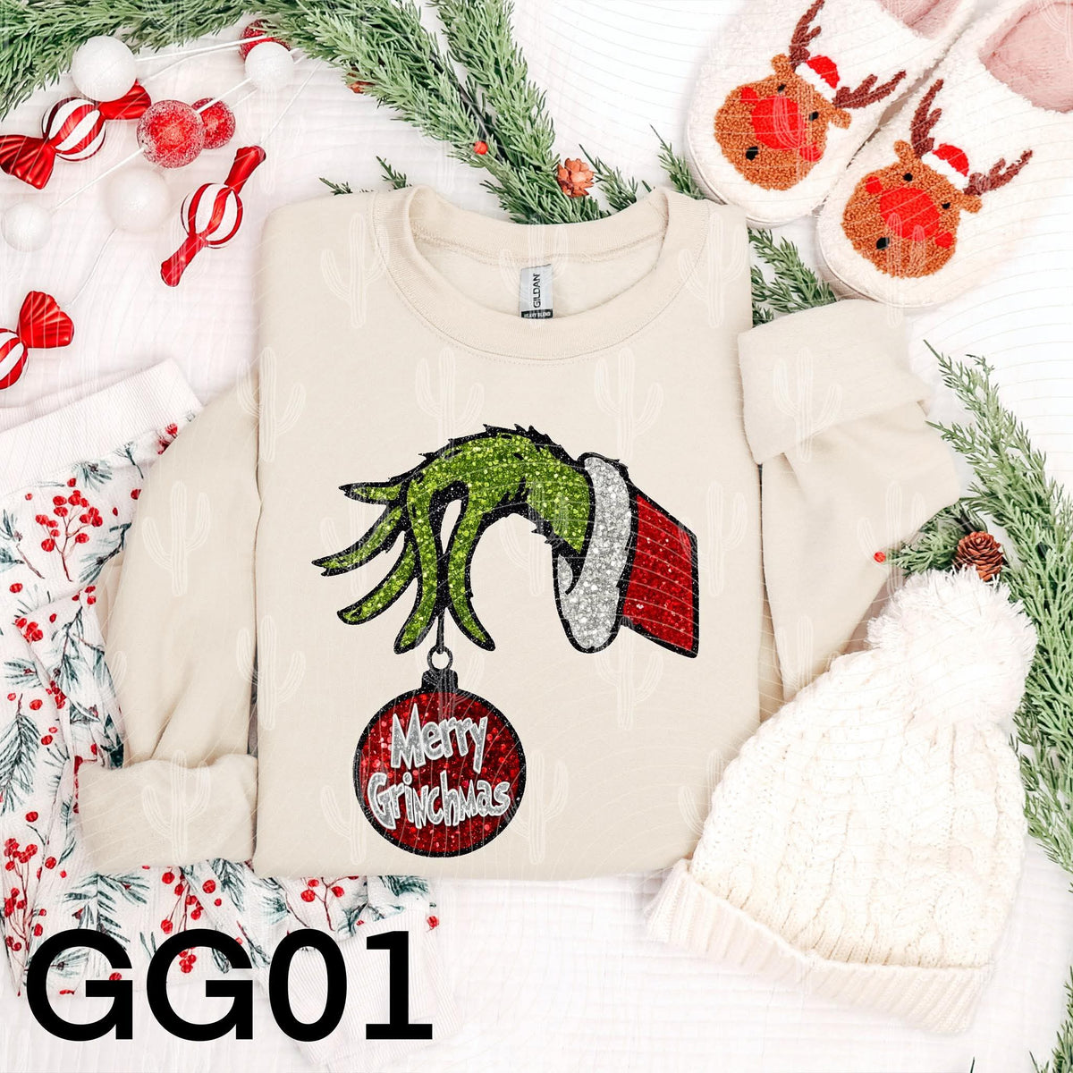 Merry Christmas green hand with glitter (crafti) DTF transfer