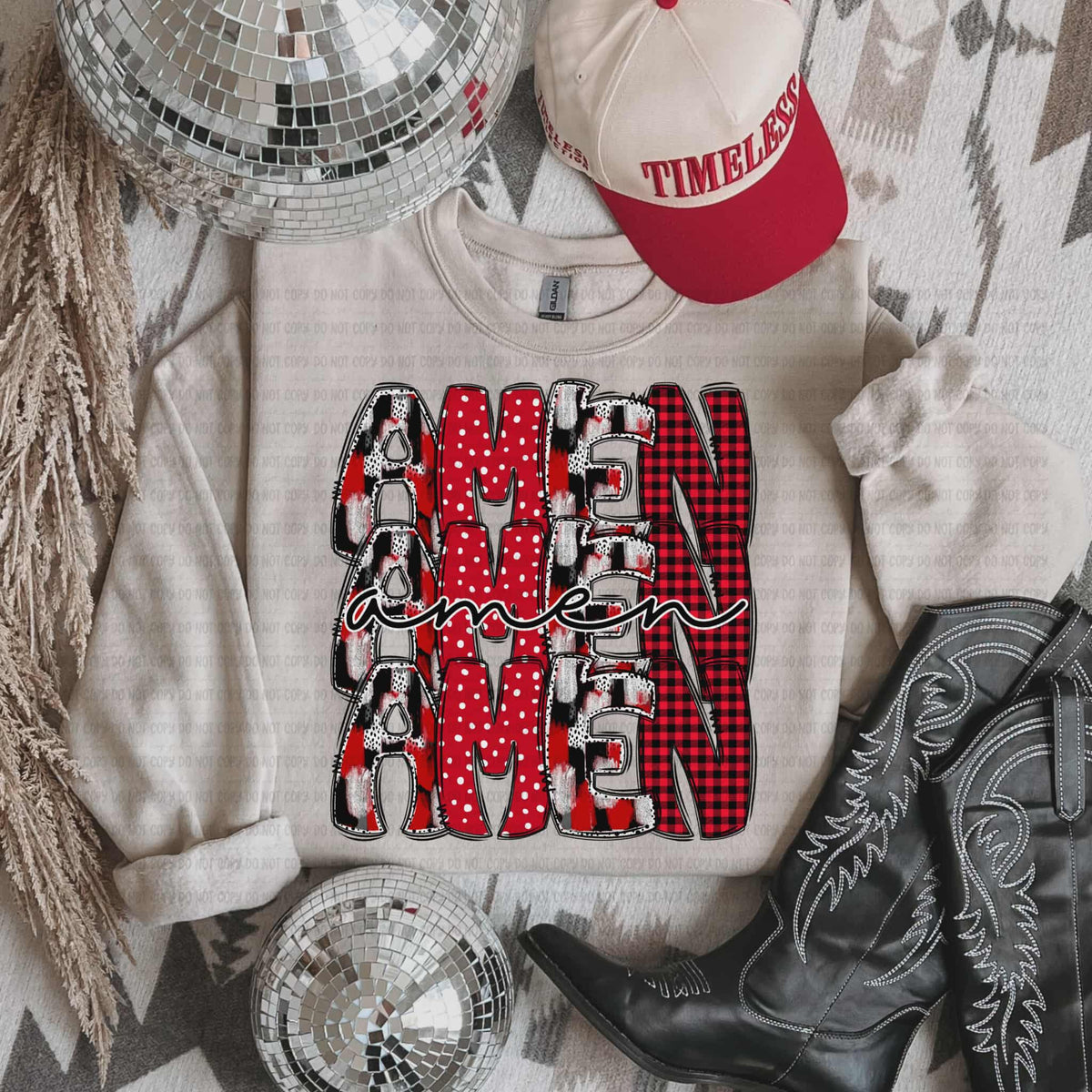 Amen Stacked red and black plaid cursive REVEL DTF Transfer