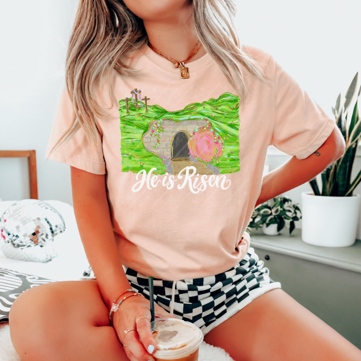 He is risen (white words) bright green grass Sunday special DTF transfer