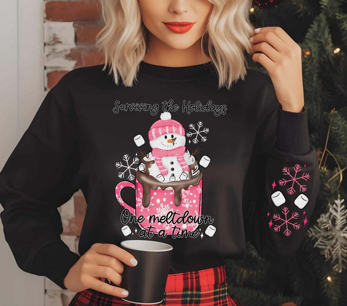 Surviving the holidays snowman pink mug (front only) (linda) DTF Transfer