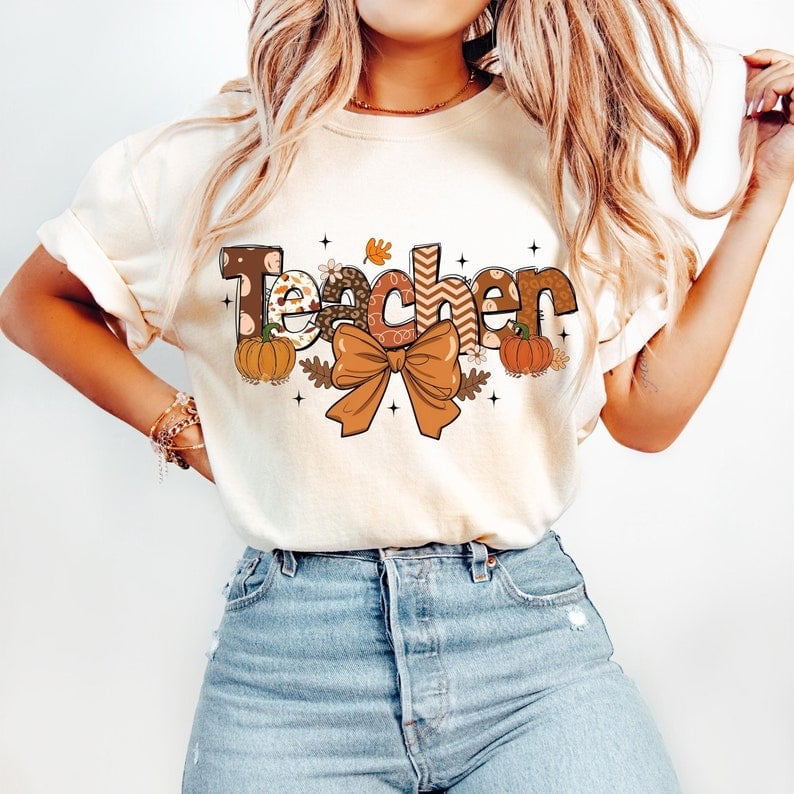 Teacher fall font with bow 58225 DTF transfer
