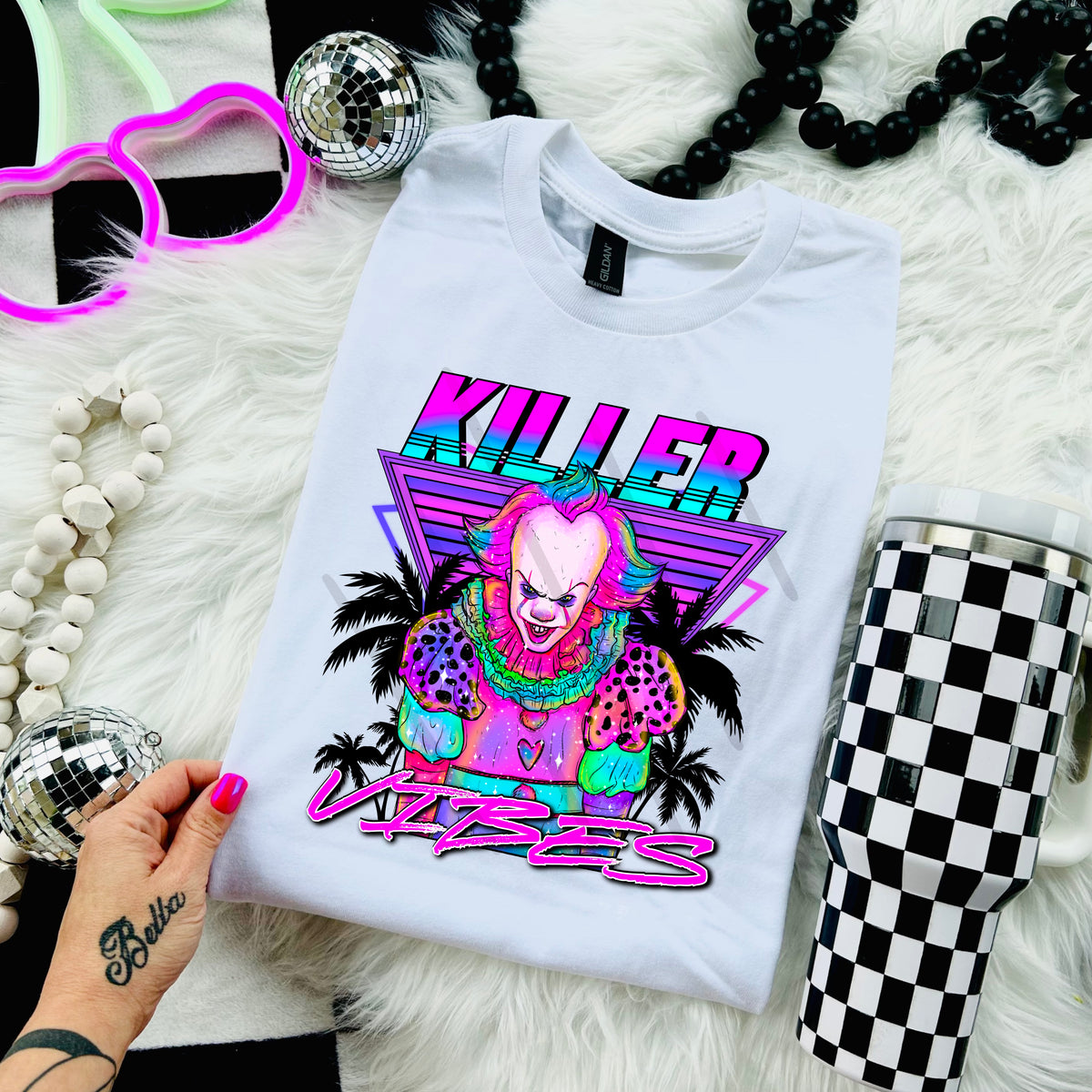 Killer Vibes Neon Clown with palm trees 110952 DTF transfer