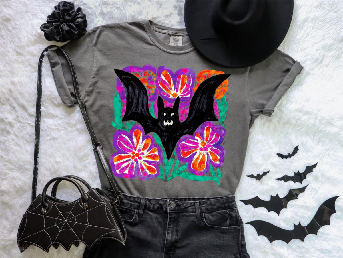 Black Bat with Abstract Flowers SCG DTF transfer