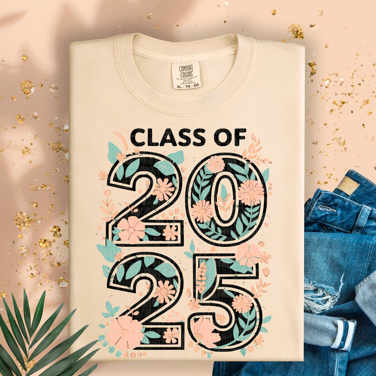 Class of 2025 pink floral with black background 95154 DTF transfer