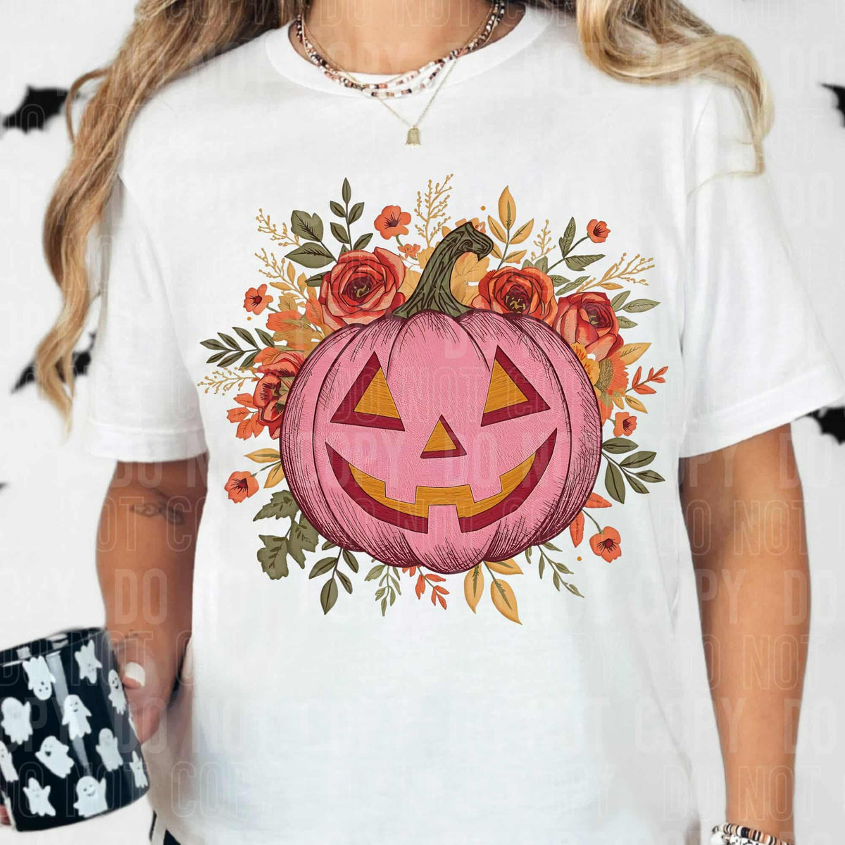 Pink Pumpkin with face and fall florals SBB DTF transfer