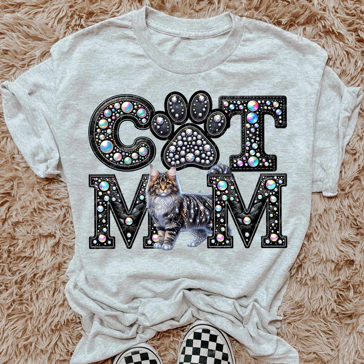 Grey Maine Coon Cat mom rhinestone 49195 DTF transfer