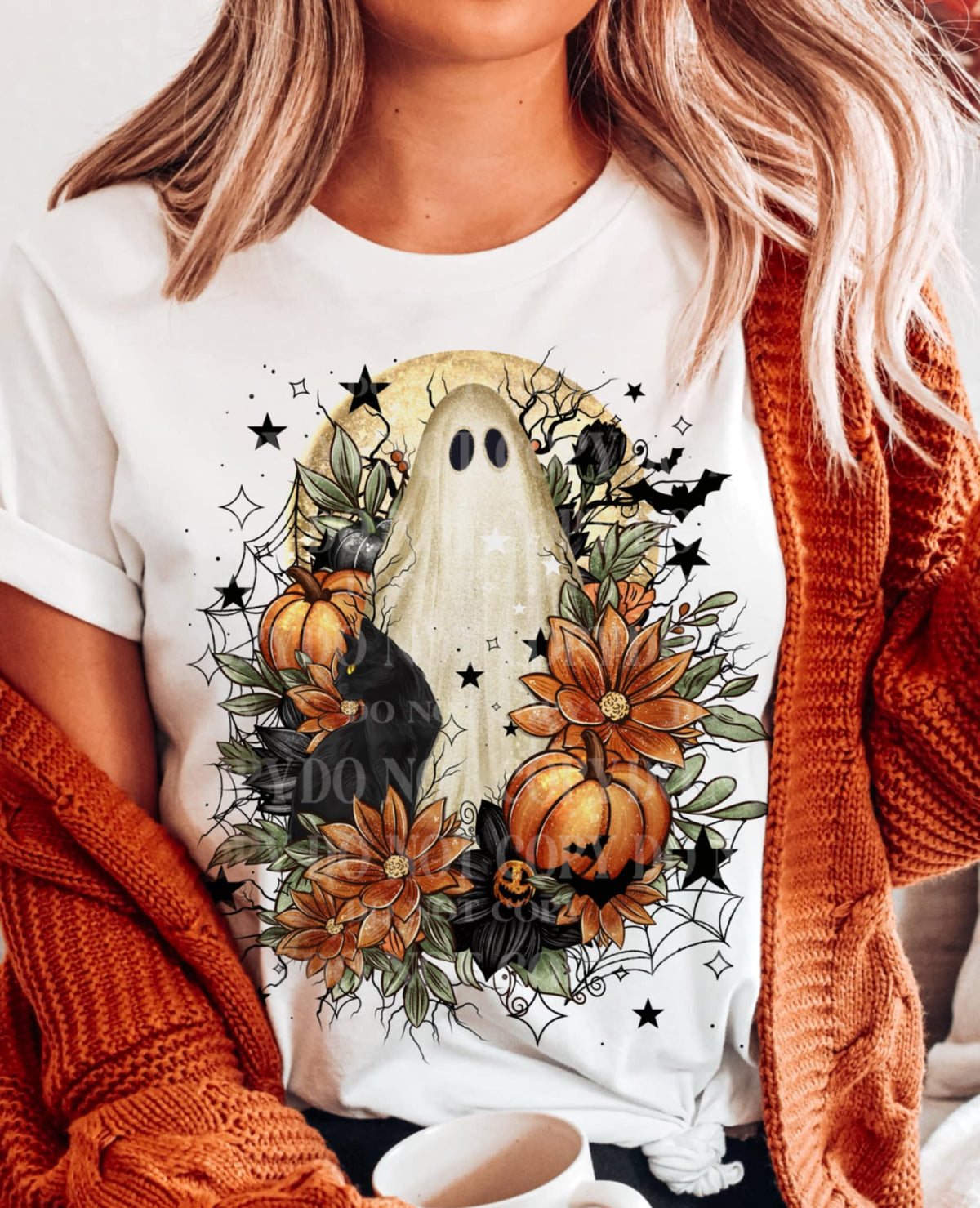 Tan Ghost with black cat and pumpkins moon AG DTF transfer