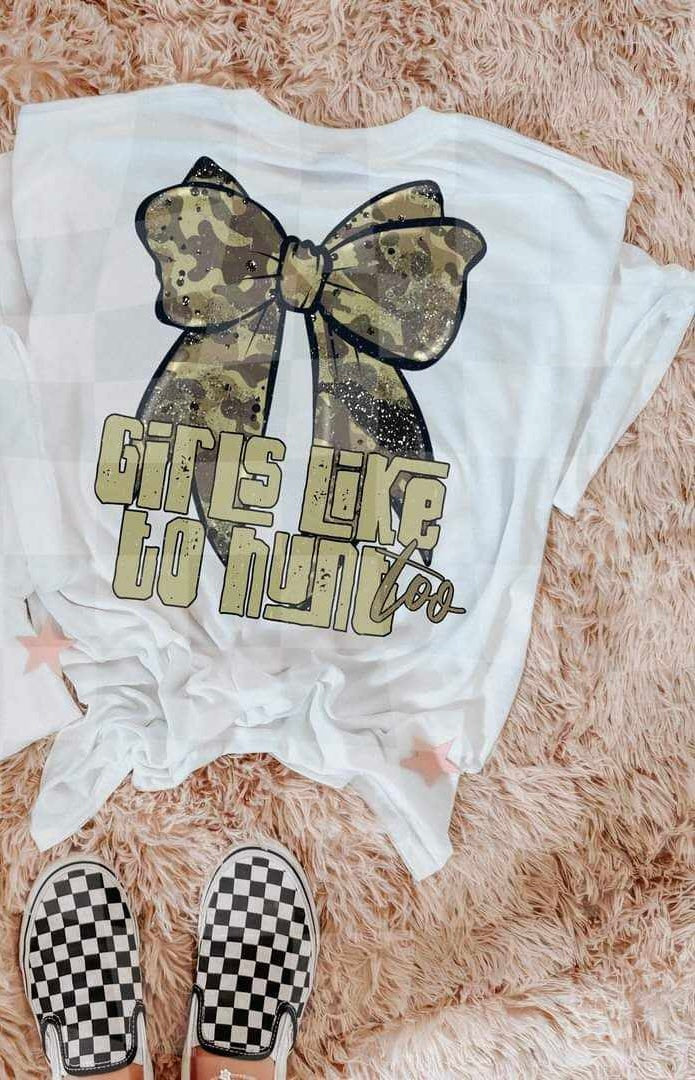 Girls like to hunt too Glittery camo bow (LYTTLE) 65643 DTF transfer