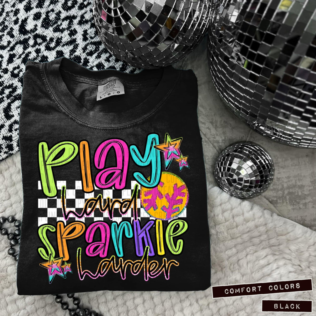 Play hard sparkle harder softball white checkered 95937 DTF transfer