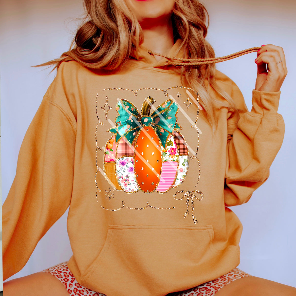 Patchwork Pumpkin with gold glitter 110931 DTF transfer