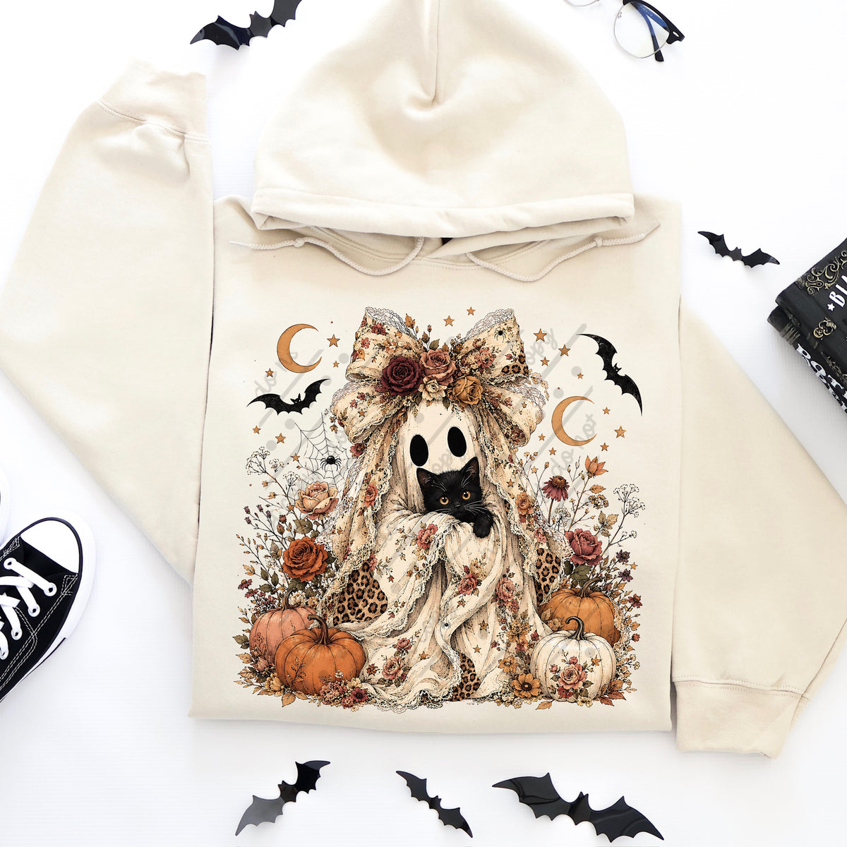 Lace ghost holding a black cat DTF Transfer