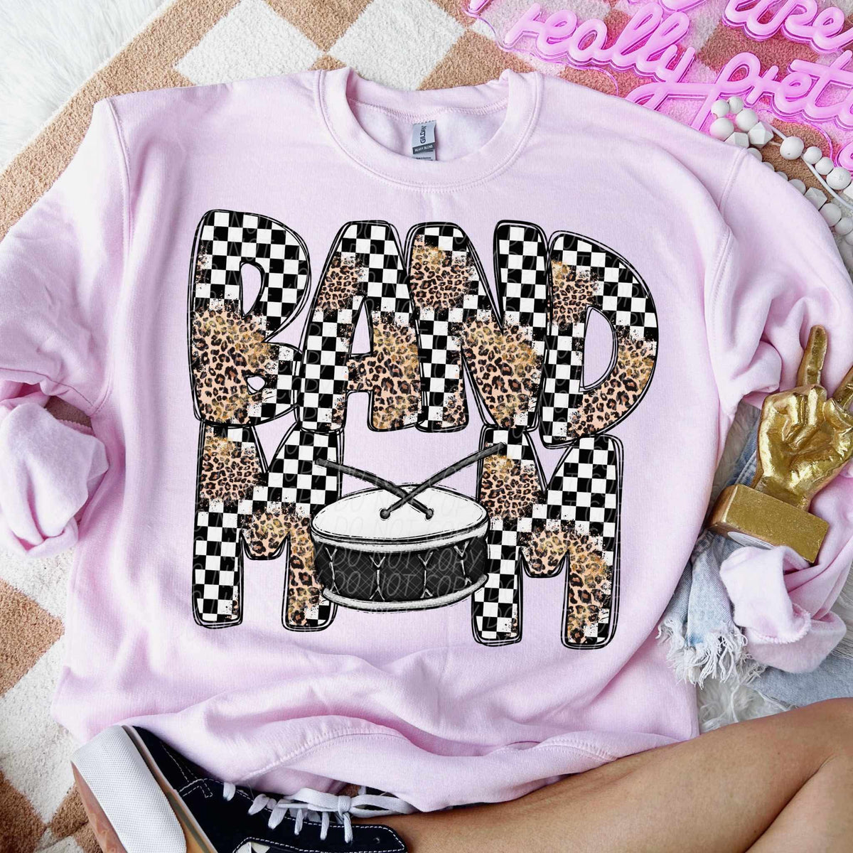 Band mom drums leopard and checkered font city DTF transfer