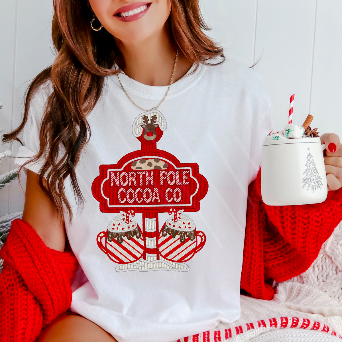 North Pole cookie co (with two striped hot cocoa mugs) faux embroidery 111601 DTF transfer