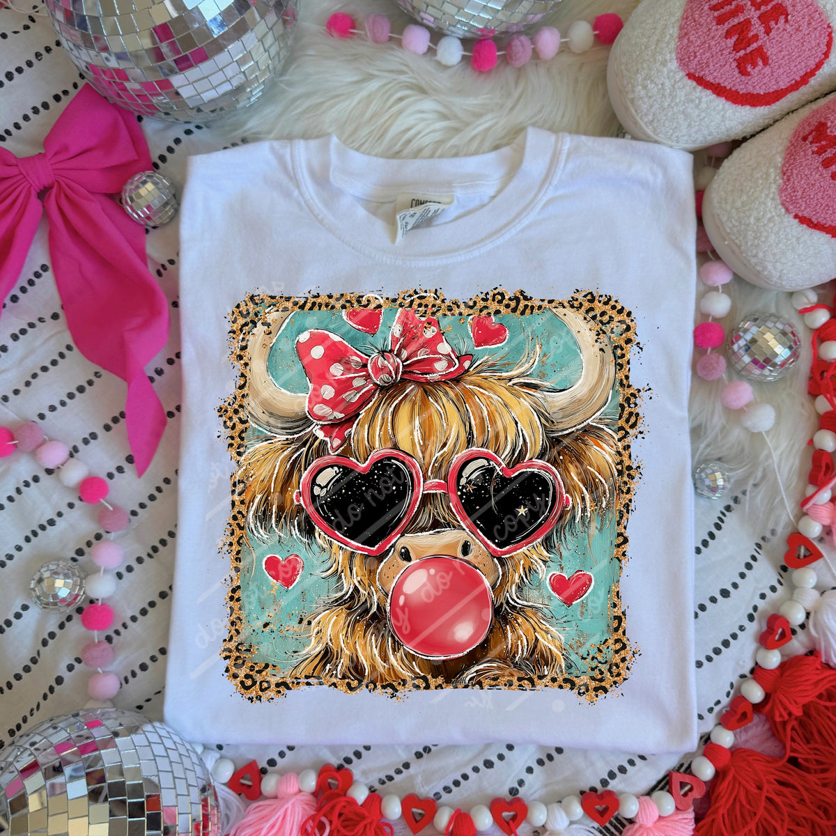 Valentine Highland Cow red bubble gum DTF transfer
