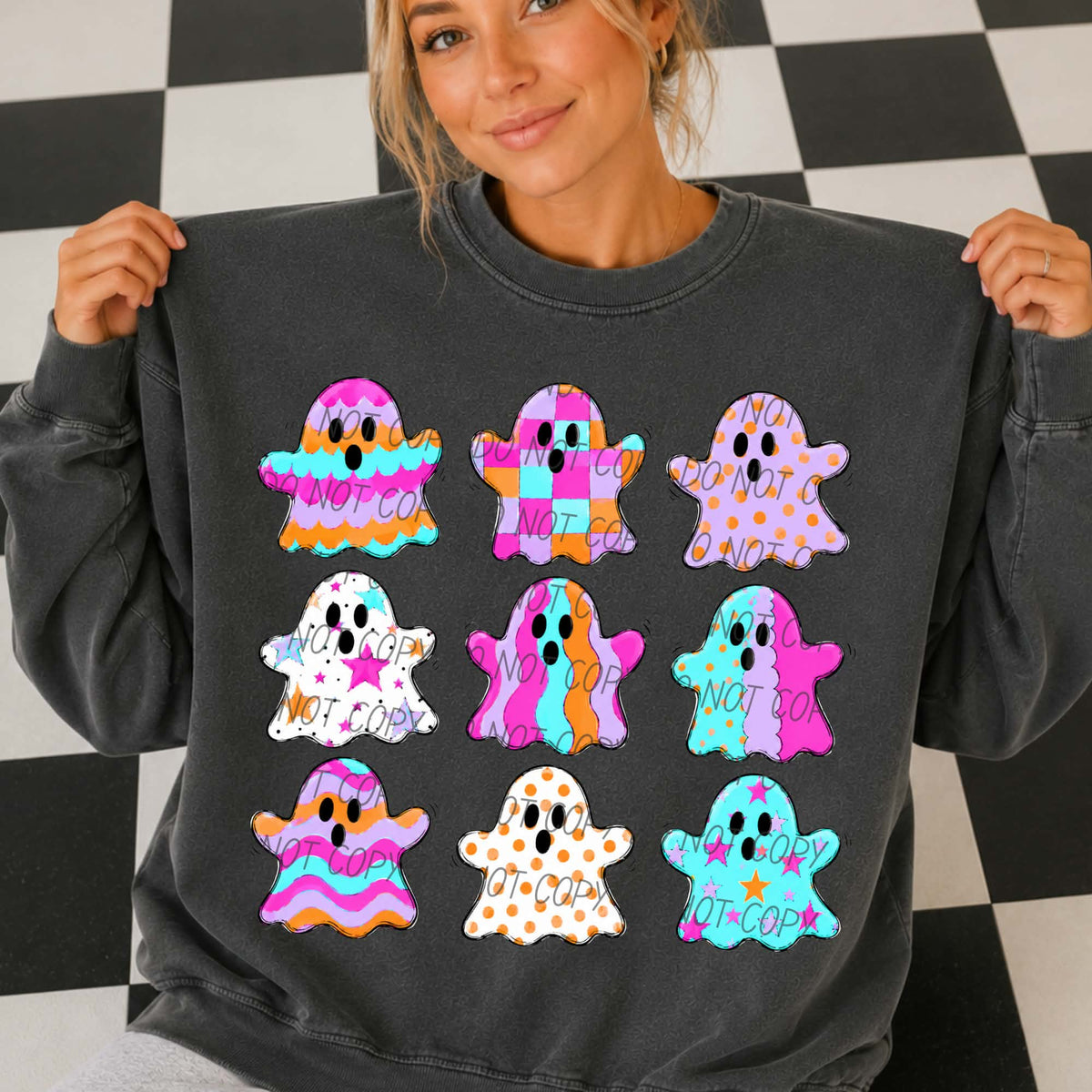 Colorful patterned ghost collage  (city) DTF transfer