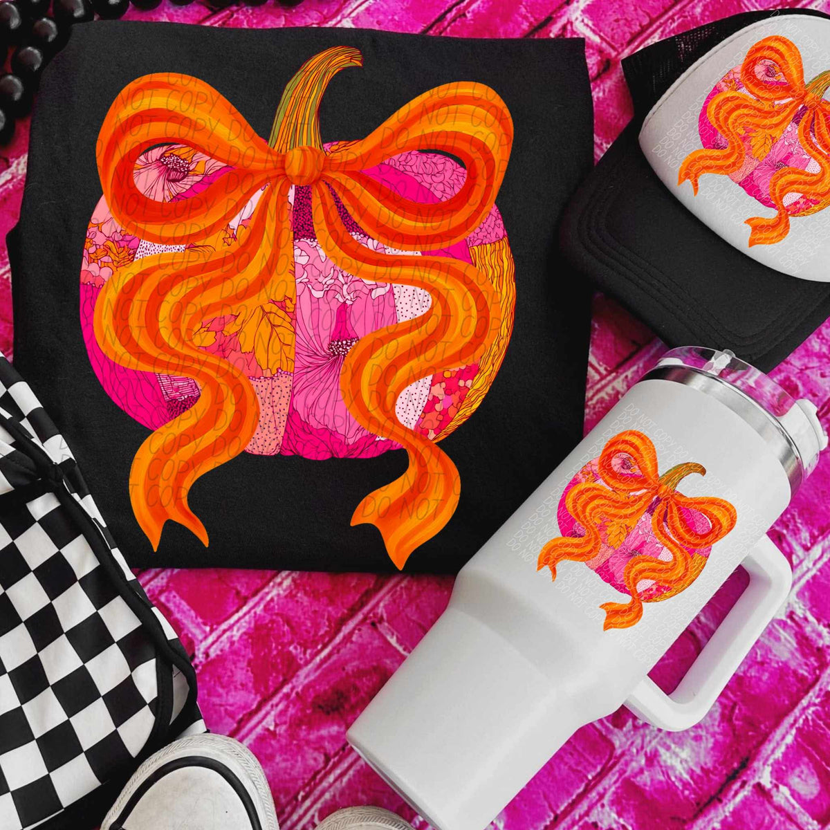 Patchwork pumpkin with pink and orange bow CITY DTF transfer