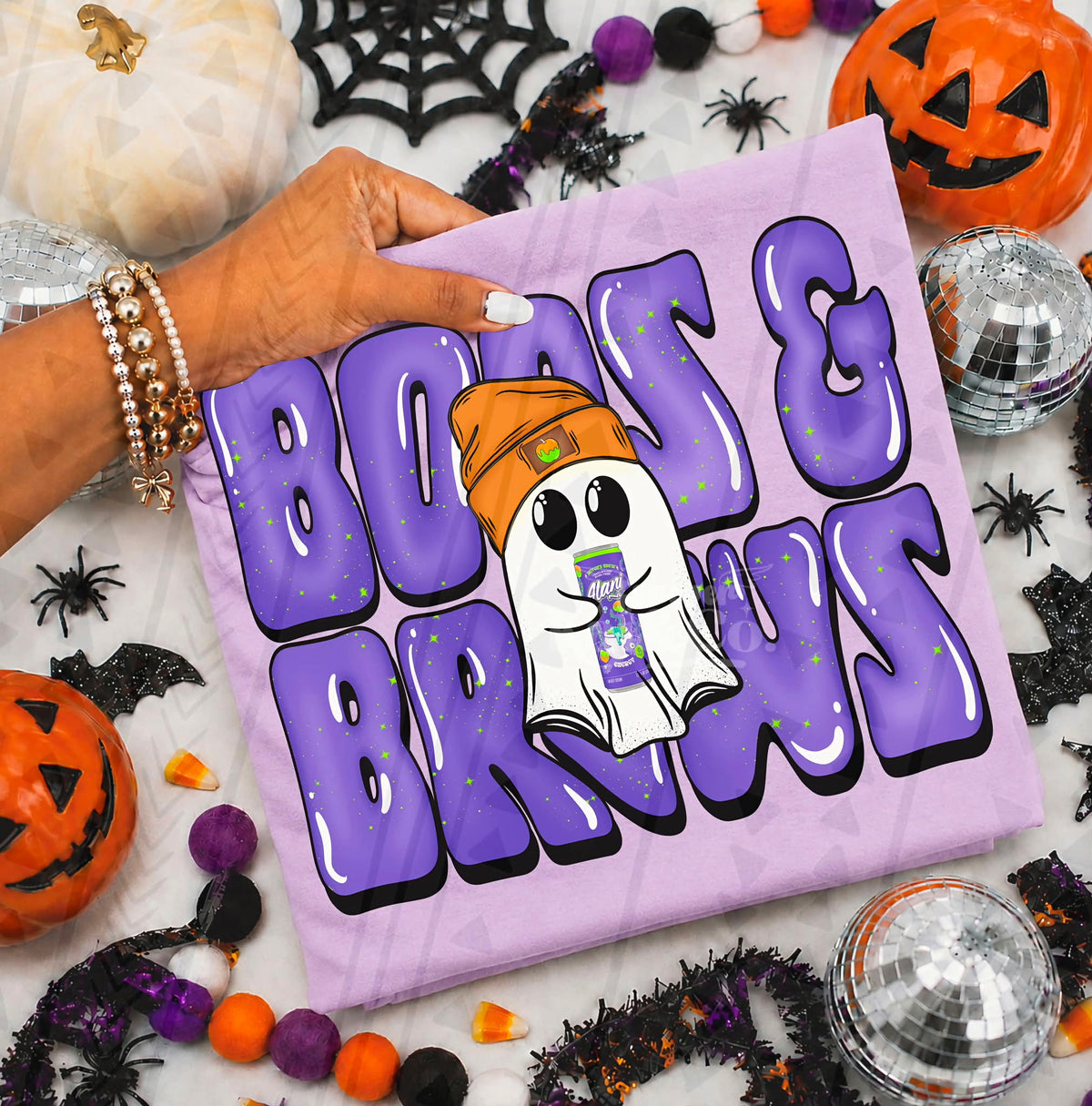 Boos and brews ghost with orange hat purple lettering (TGG) DTF Transfer