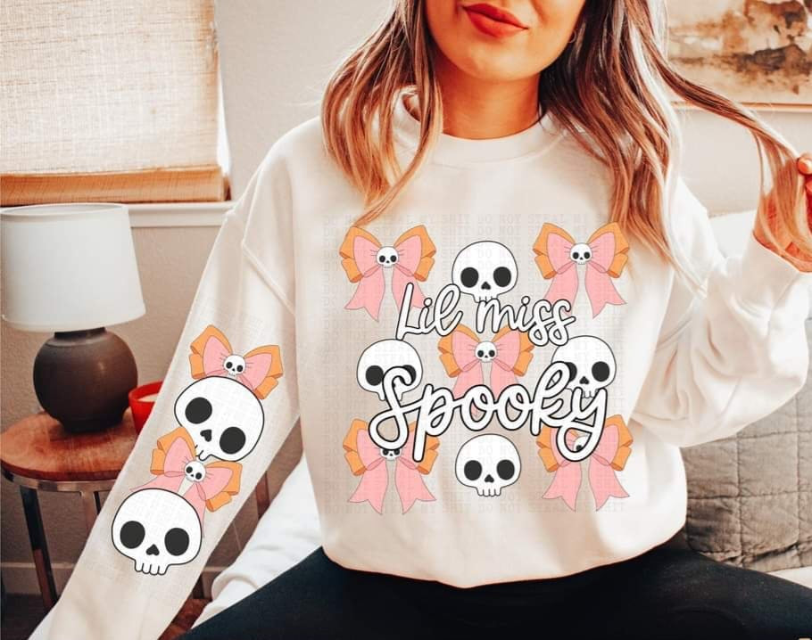 Lil miss spooky skulls and pink bows FRONT (DDD) 55188 DTF transfer