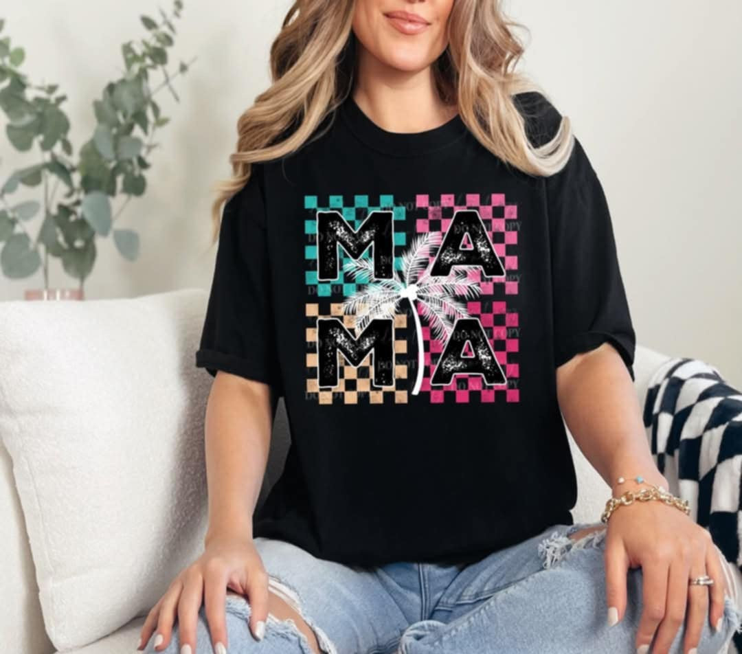 Mama checkered blocks white palm tree (40E) 96878 DTF transfer