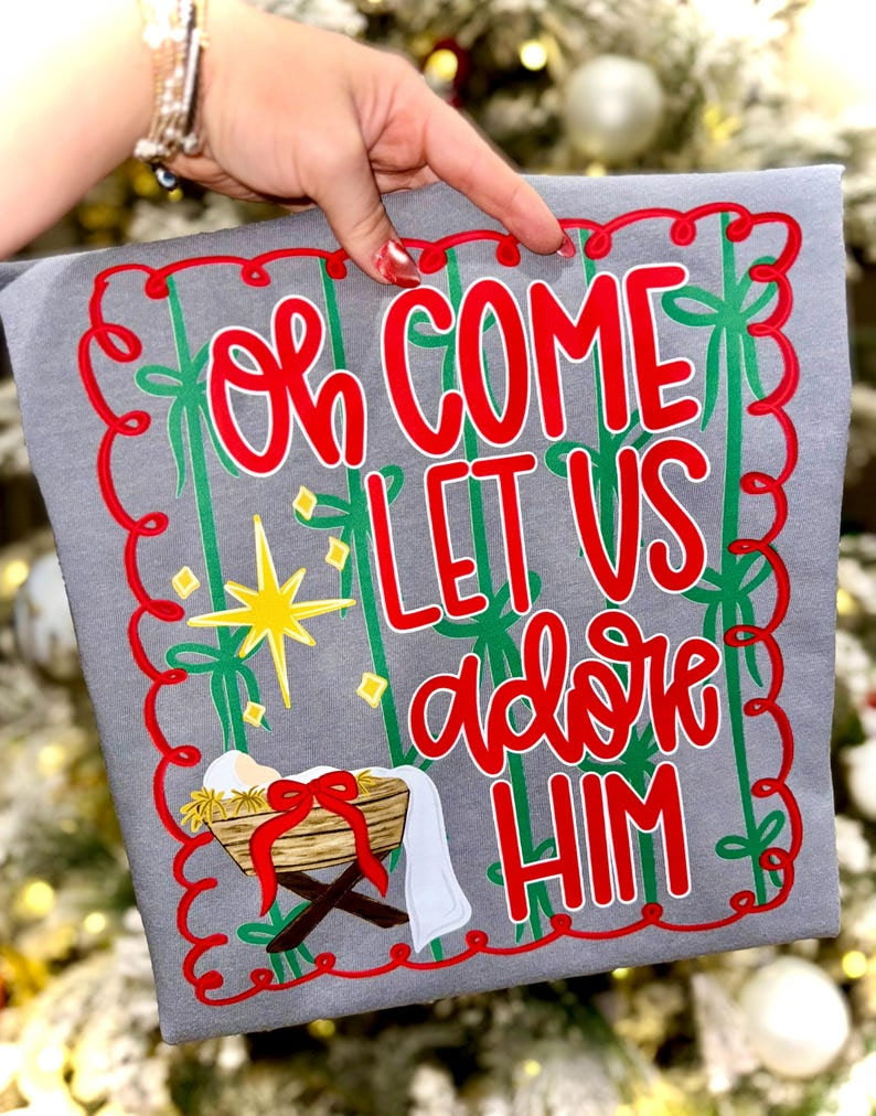 Come Let Us Adore Him Red Frame DTF transfer