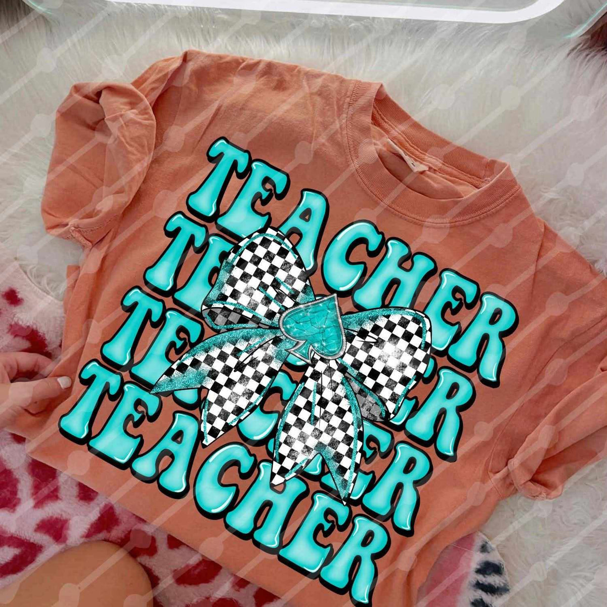 Teacher stacked checkered bow blue (JBD) DTF transfer