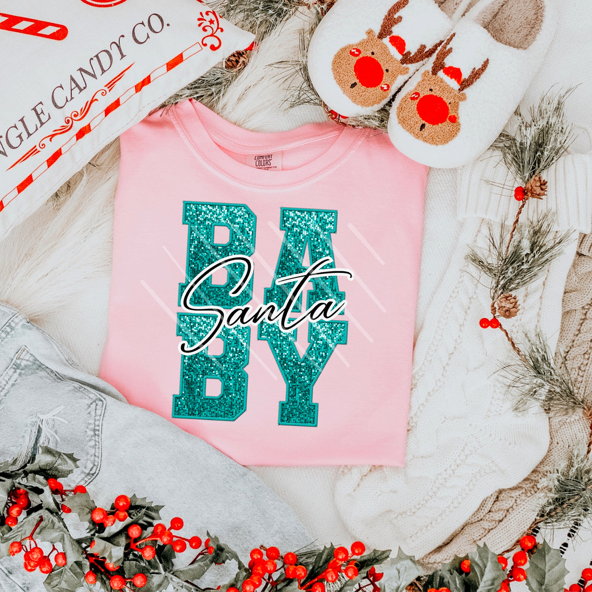 Santa Baby Teal Faux Glitter (Santa in black text) 111624 DTF transfer