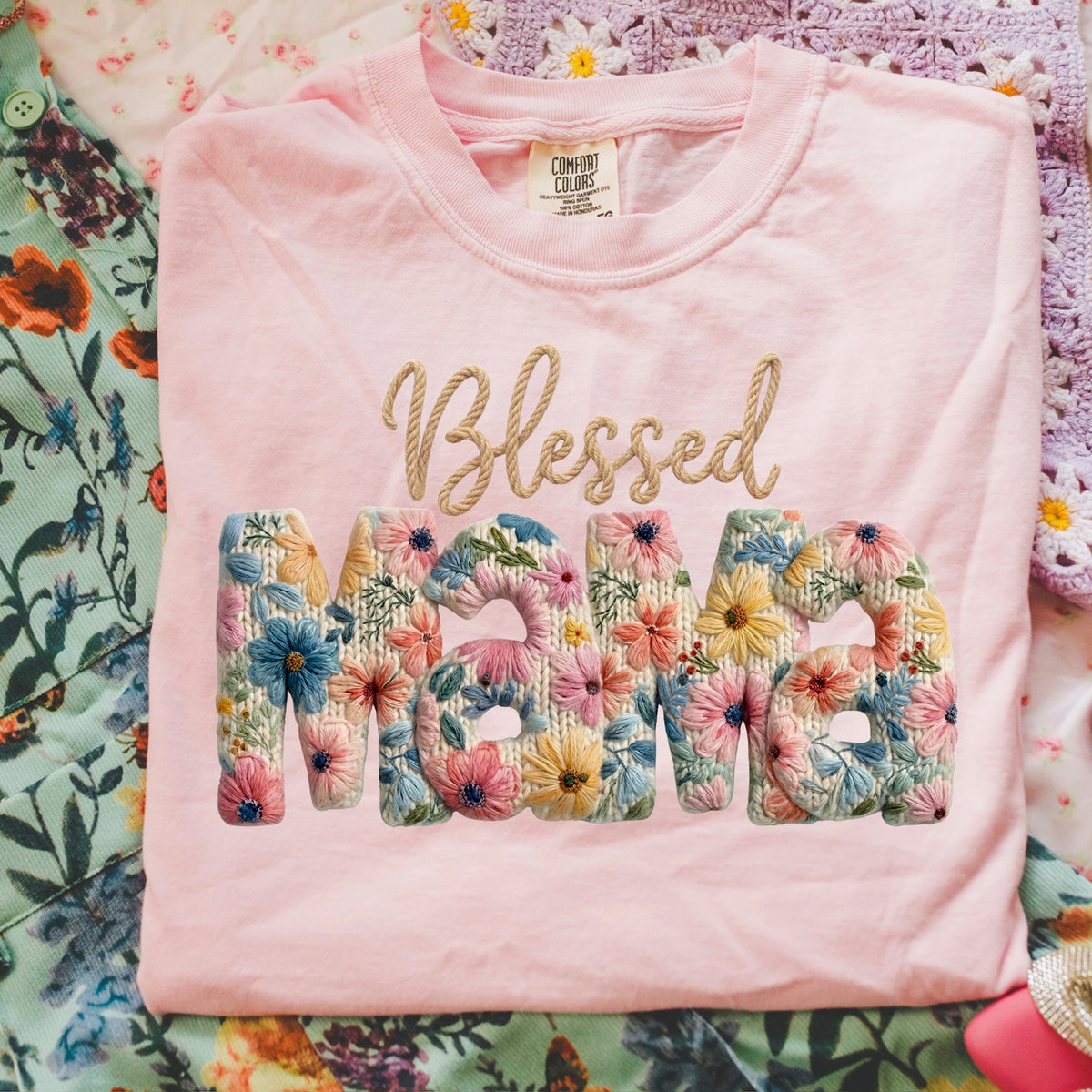 Blessed Mama faux embroidery floral DTF Transfer