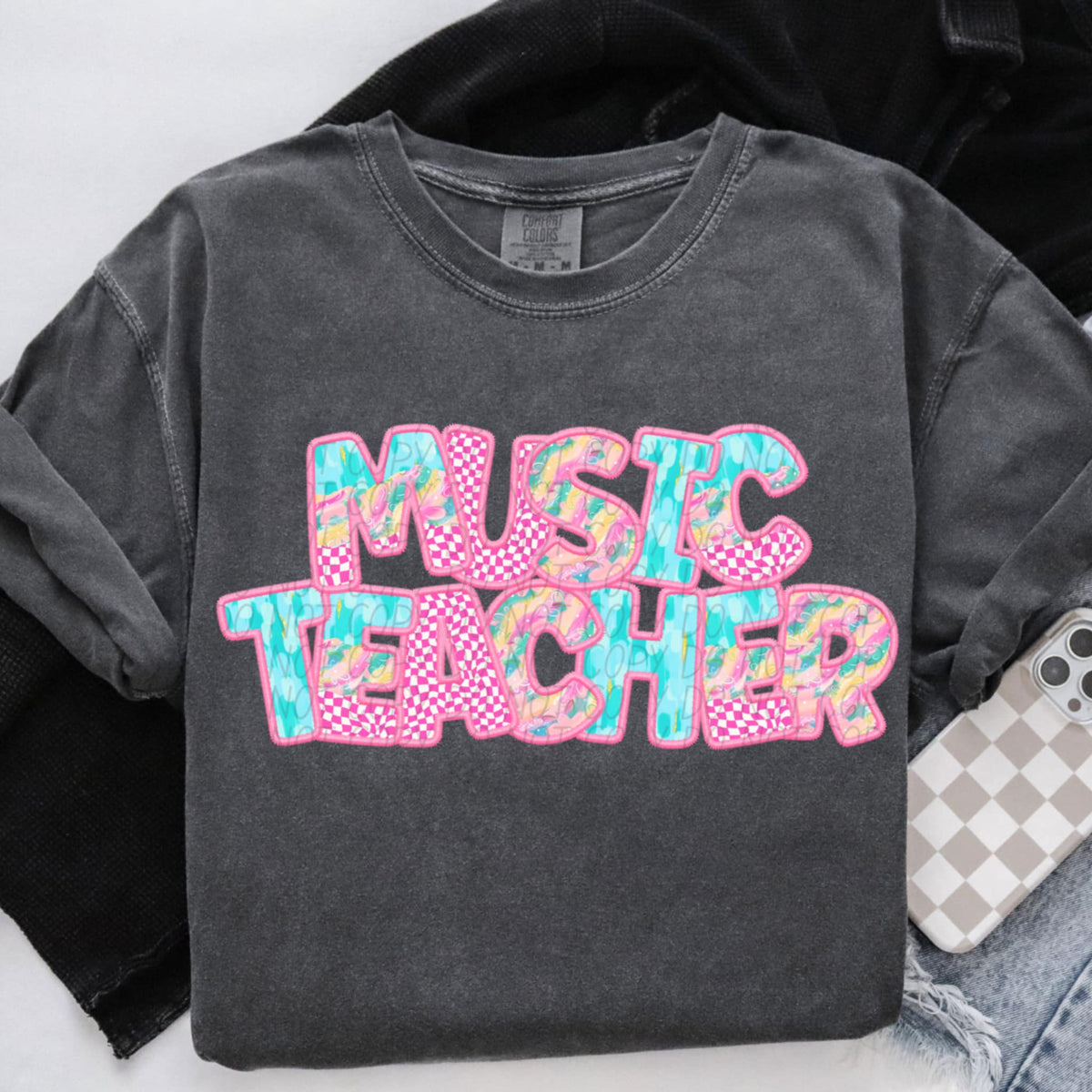 Music teacher pink checkered (CITY) 97115 DTF transfer