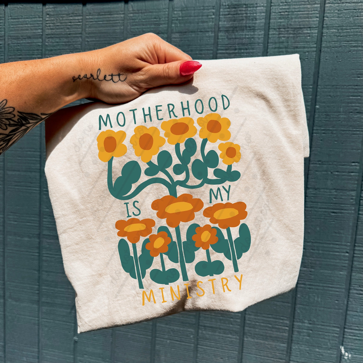 Motherhood is my ministry (5 bright yellow flowers on top with dark teal) (pink cream orange) DTF Transfer