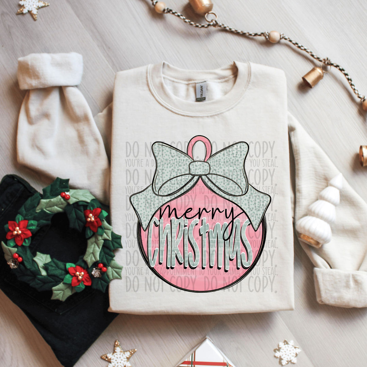 Merry Christmas pink ornament mint bow (SWD) DTF transfer