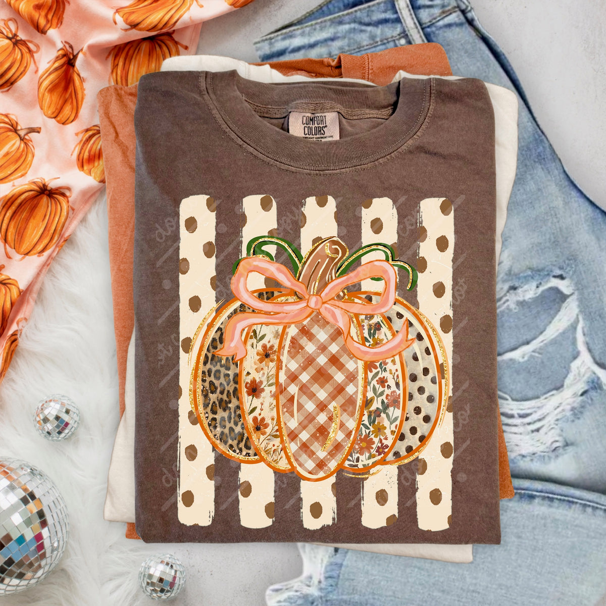 Pumpkin with vertical polkadot cream stripes DTF Transfer
