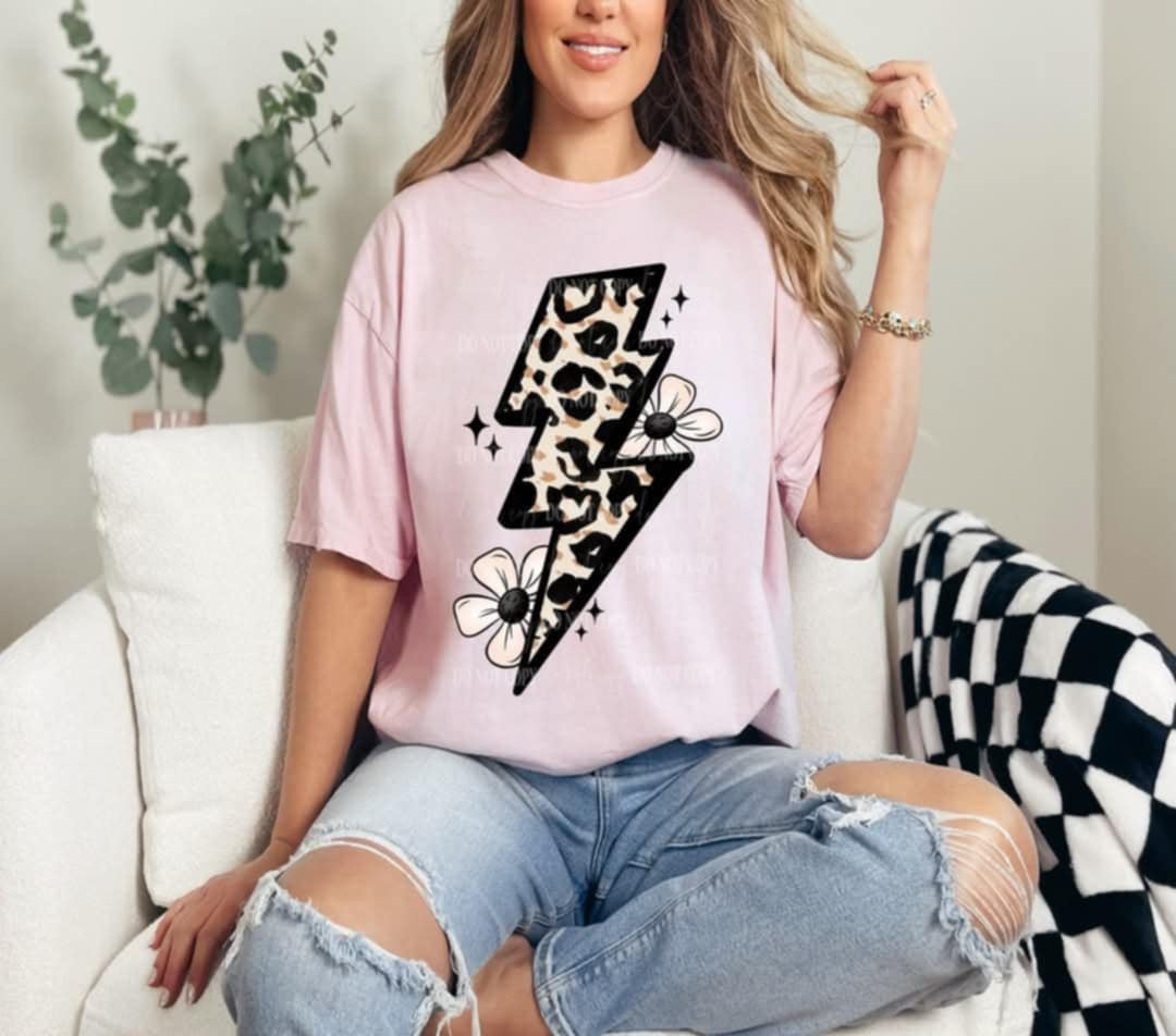 Leopard lightning bolt with white flowers (40E) 96891 DTF transfer