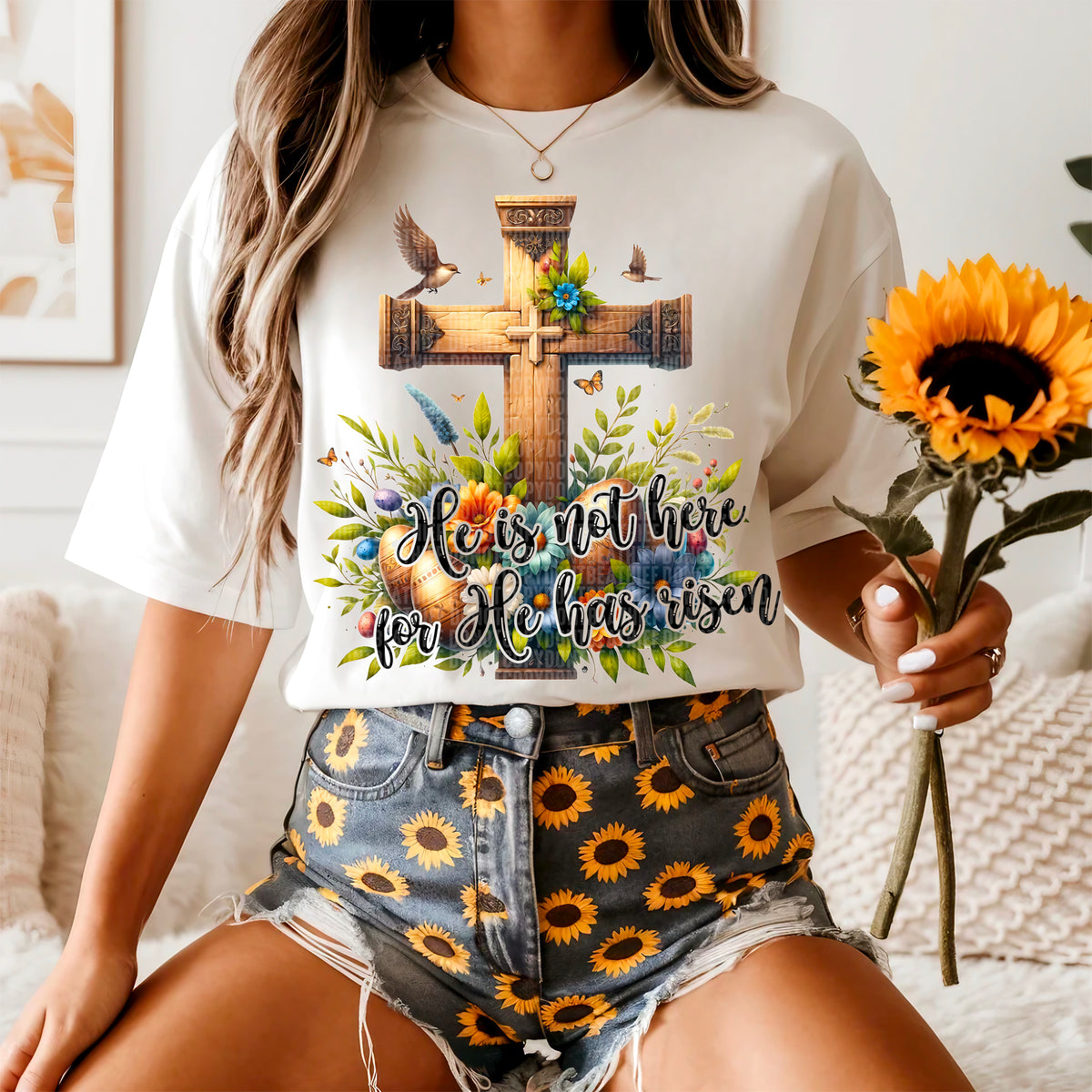He is not risen he is here cross with birds 91608 DTF transfer
