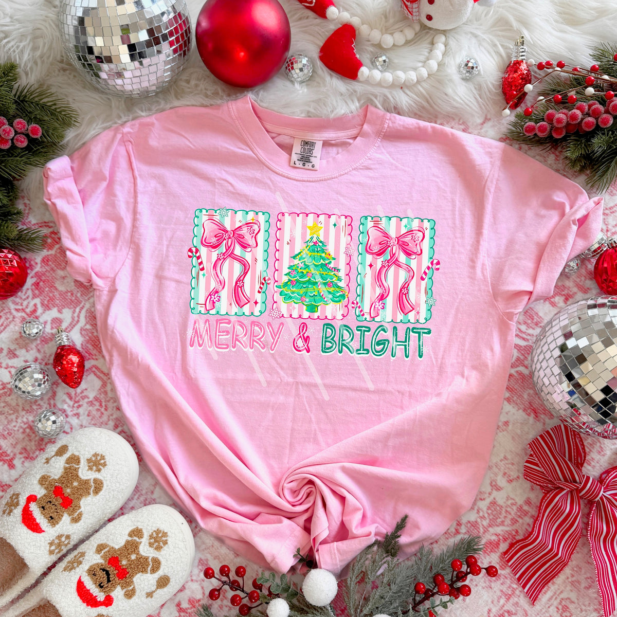 Merry and Bright three frames bows and tree 113705 DTF Transfer