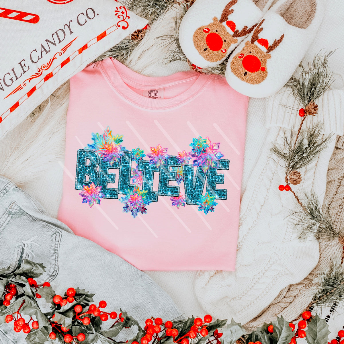 Believe BRIGHT BLUE faux sequin letters and rainbow snowflakes 111635 DTF transfer