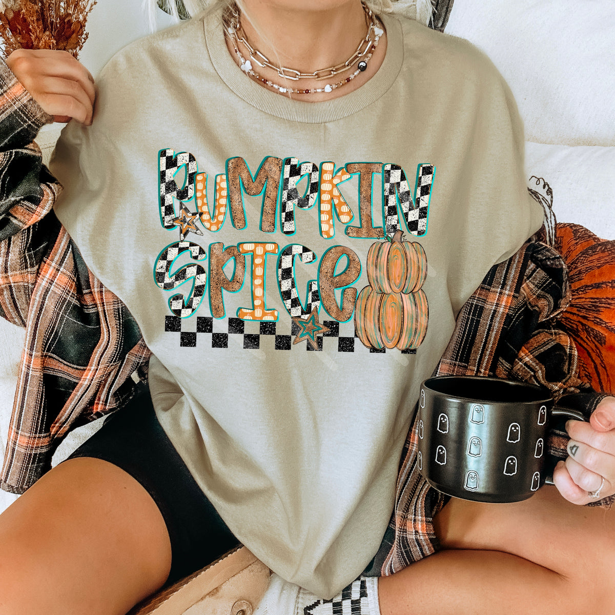 Pumpkin Spice teal and orange checker DTF transfer