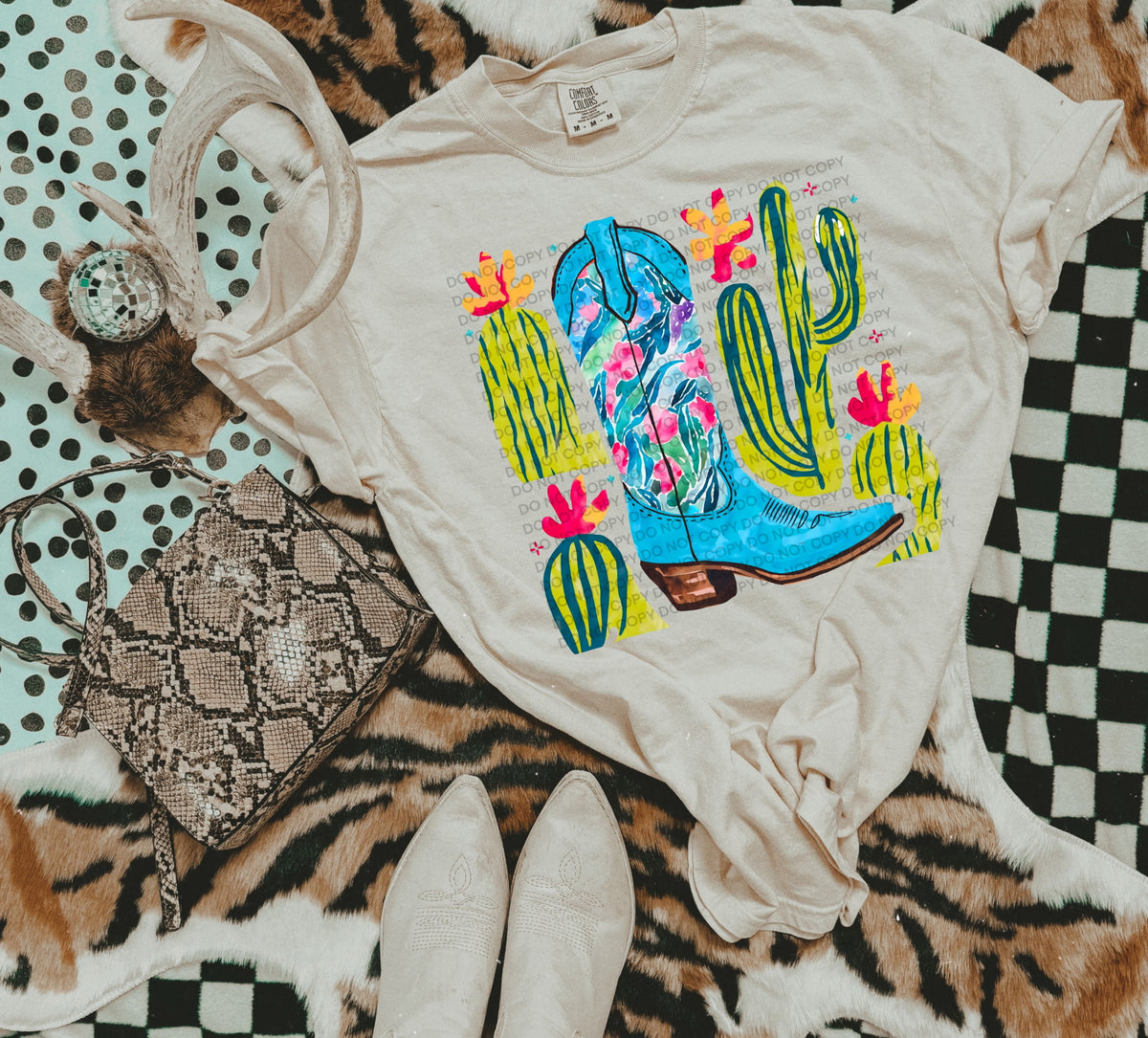 Blue cowboy boot and cactus (scg) DTF Transfer