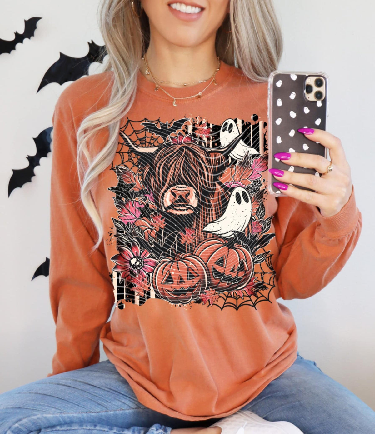 Highland Cow with bats ghosts and pumpkins (ag) DTF transfer