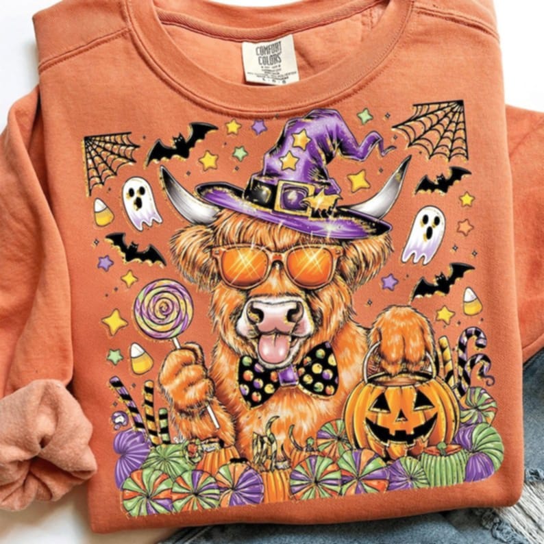 Halloween Highland Cow with witch hat 111170 DTF transfer