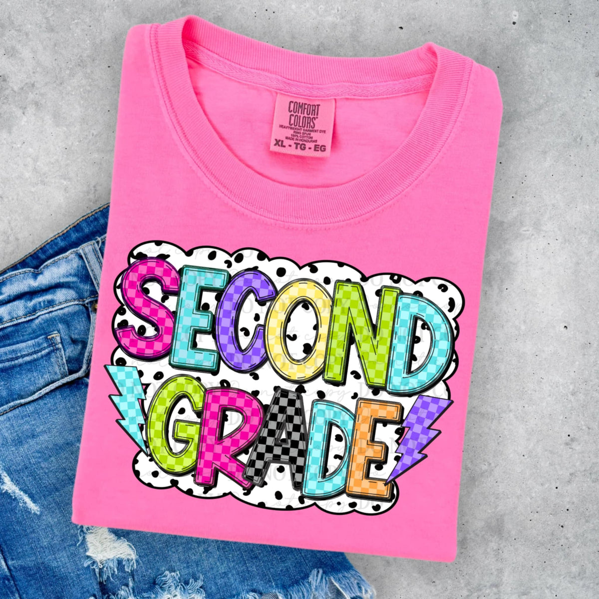 Second Grade neon checker and polka dot ABD DTF transfer