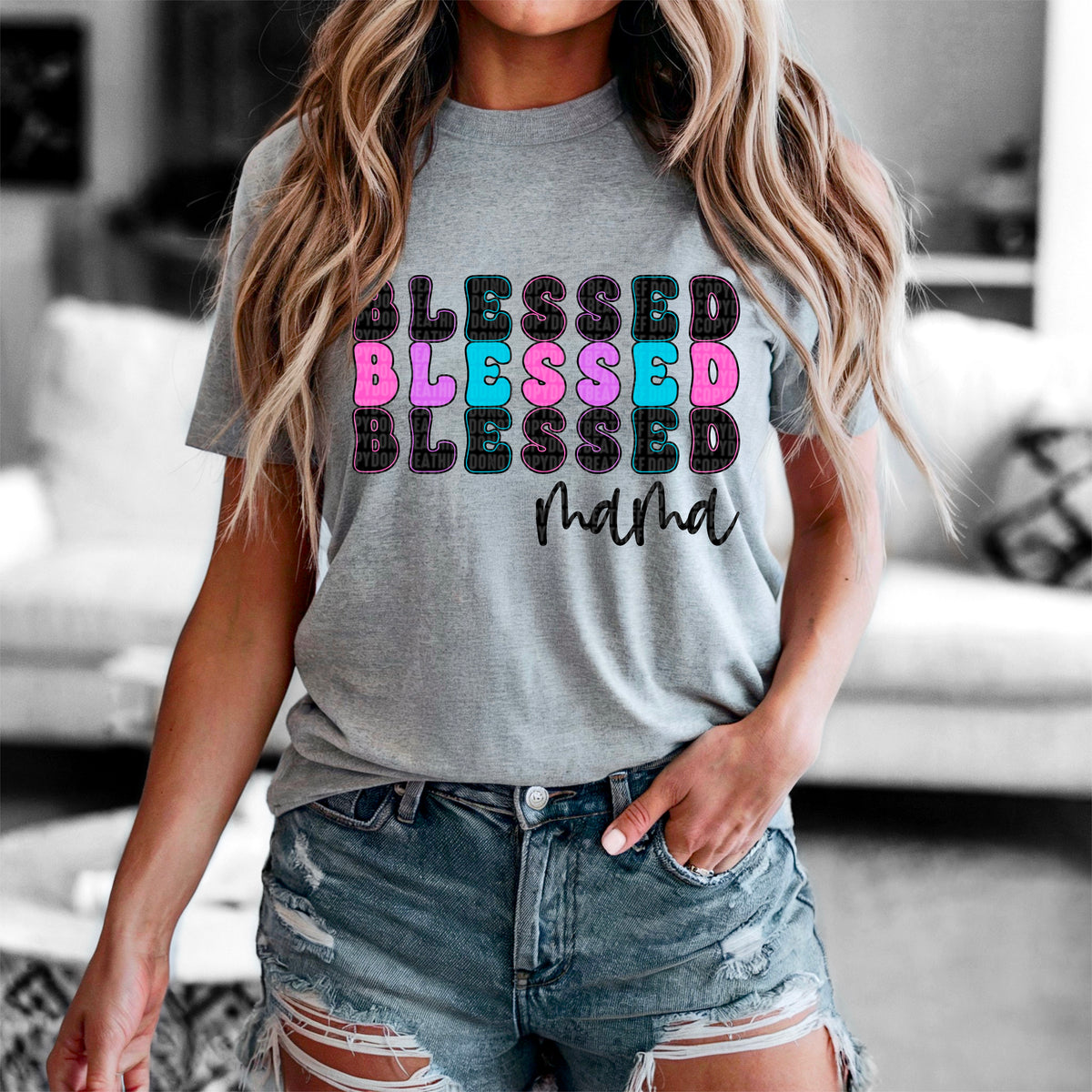 Blessed mama stacked color and black font 91635 DTF transfer