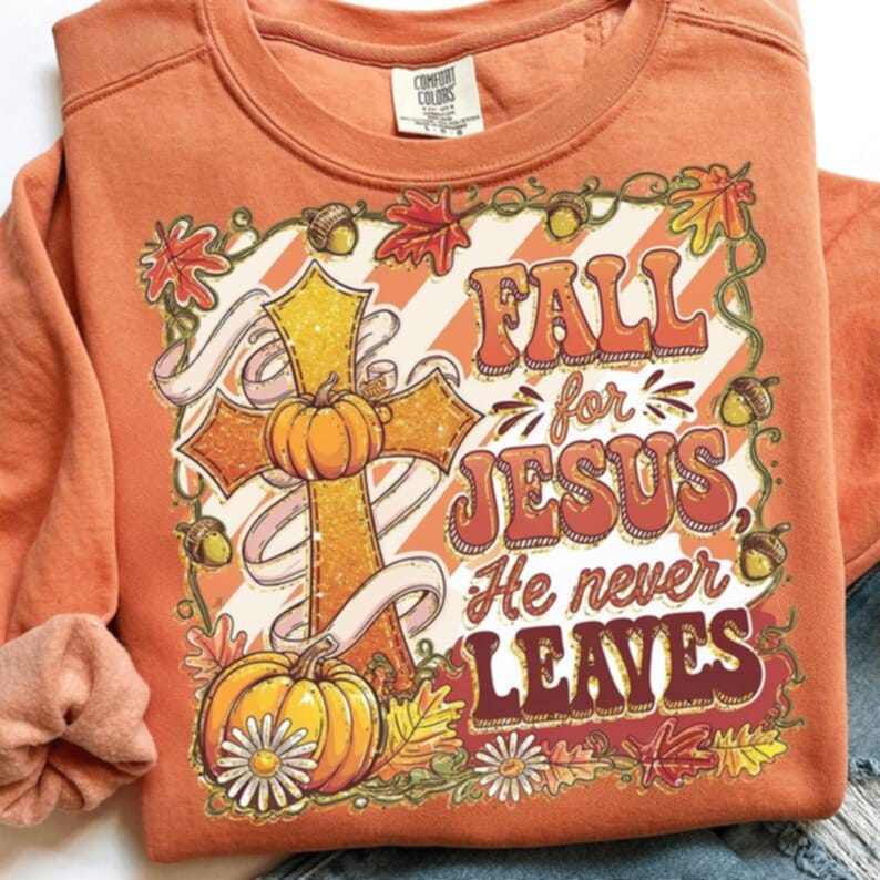 Fall for Jesus he never leaves pumpkin and cross frame DTF transfer