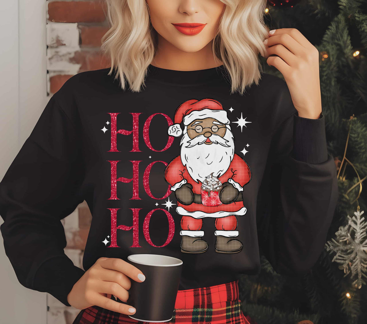 Ho Ho Ho stacked Santa darker skin tone RED WORDS (linda) DTF Transfer